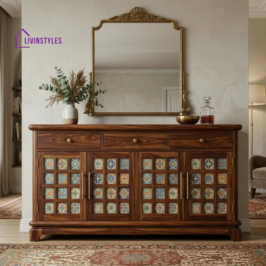 Jessica Boho Sheesham Wood Storage Cabinet Sideboard With Three Drawers (Honey Finish)