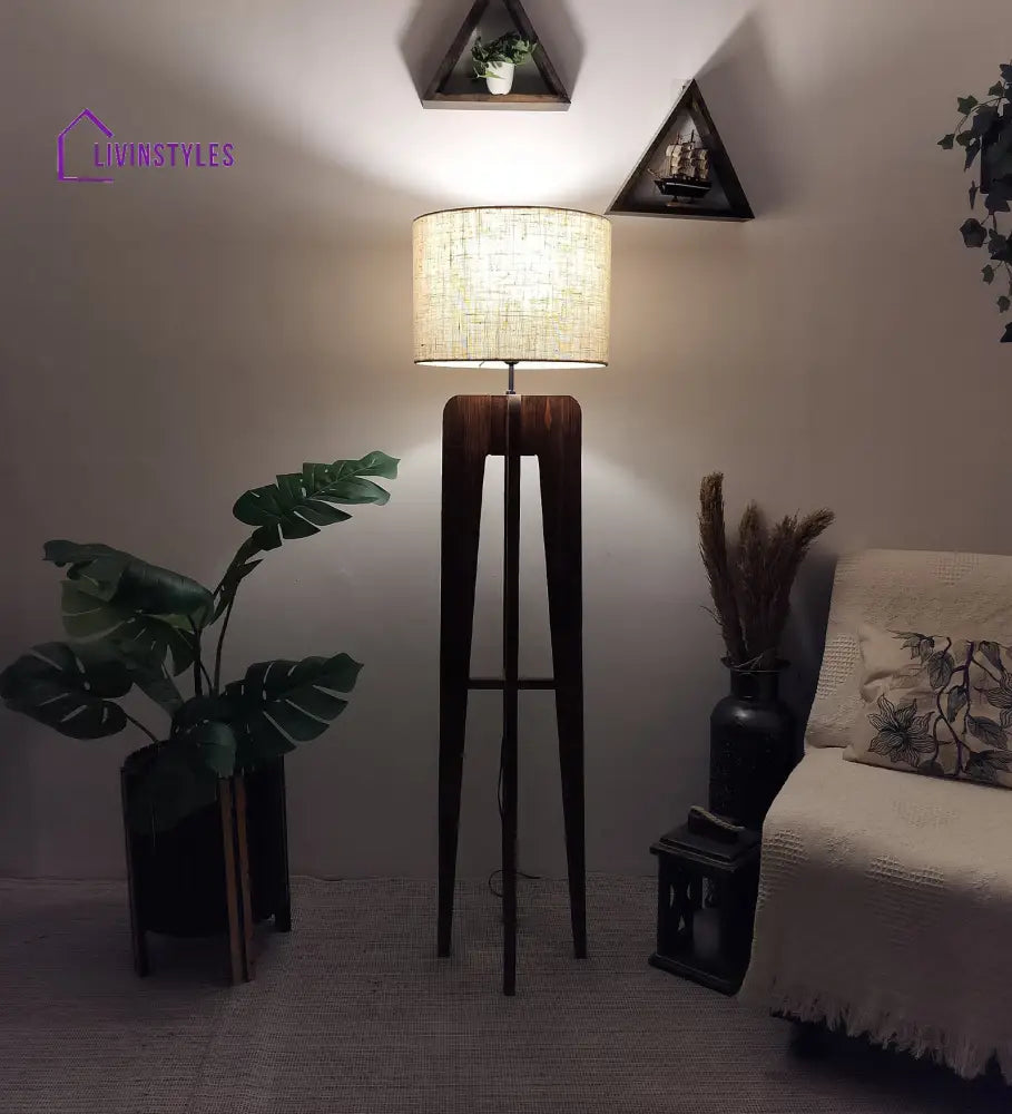Jet Wooden Floor Lamp With Brown Base And Beige Fabric Lampshade Lamps