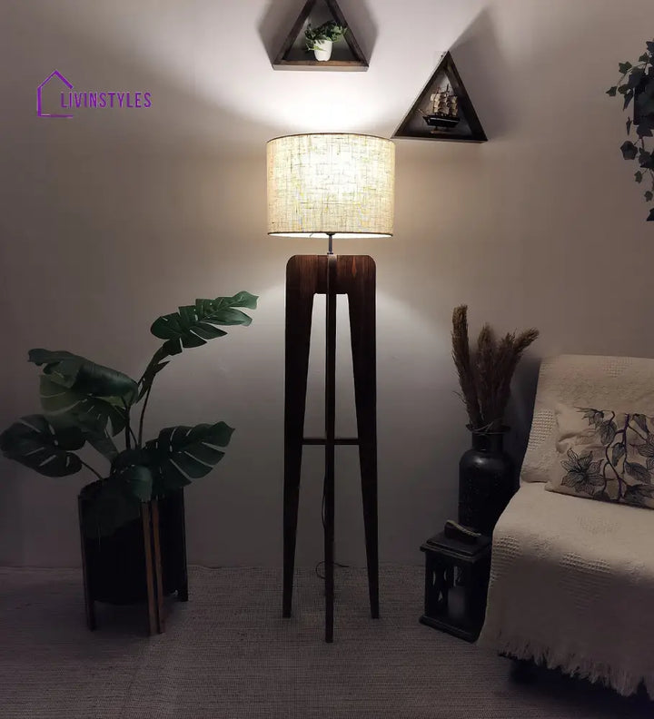 Jet Wooden Floor Lamp With Brown Base And Beige Fabric Lampshade Lamps