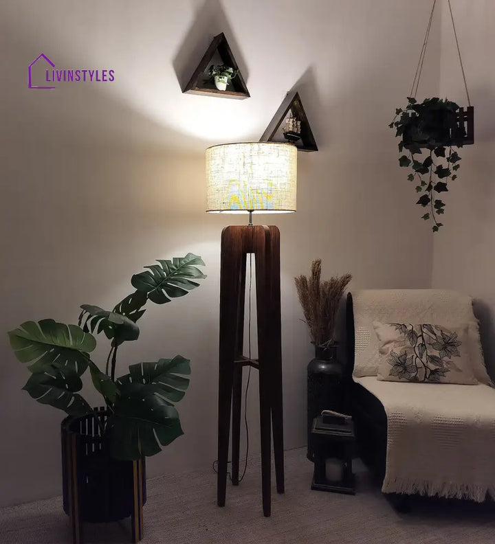 Jet Wooden Floor Lamp With Brown Base And Beige Fabric Lampshade Lamps
