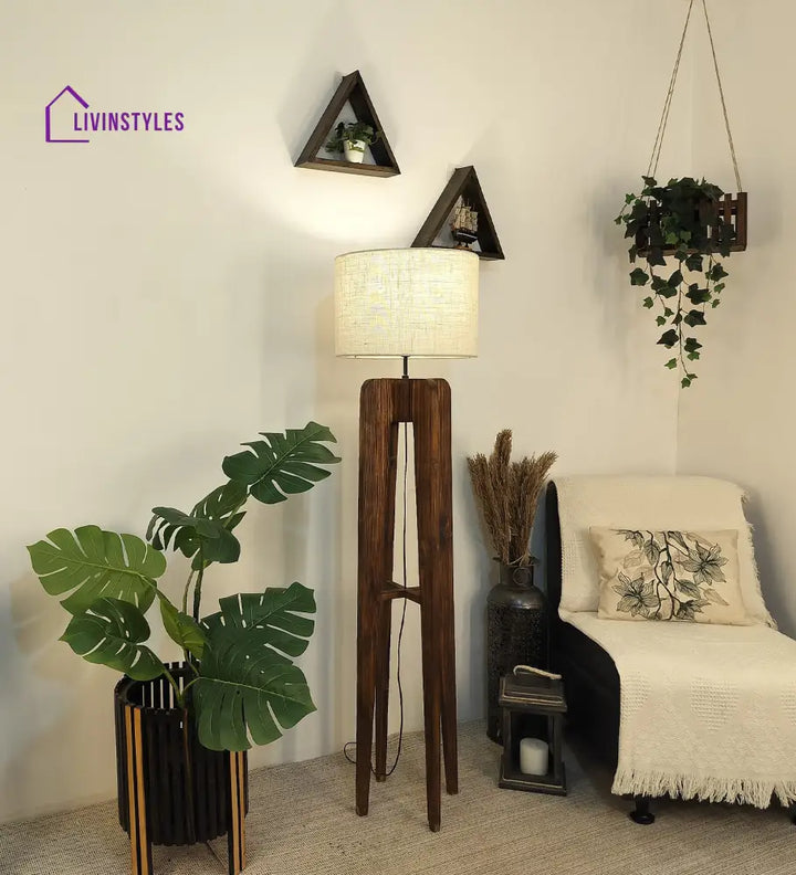Jet Wooden Floor Lamp With Brown Base And Beige Fabric Lampshade Lamps