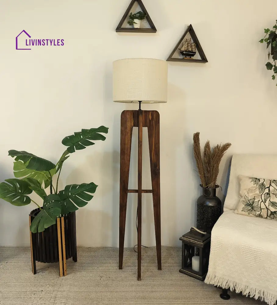 Jet Wooden Floor Lamp With Brown Base And Beige Fabric Lampshade Lamps