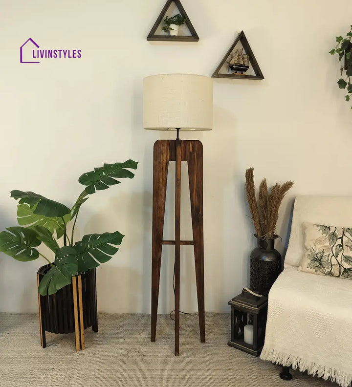 Jet Wooden Floor Lamp With Brown Base And Beige Fabric Lampshade Lamps