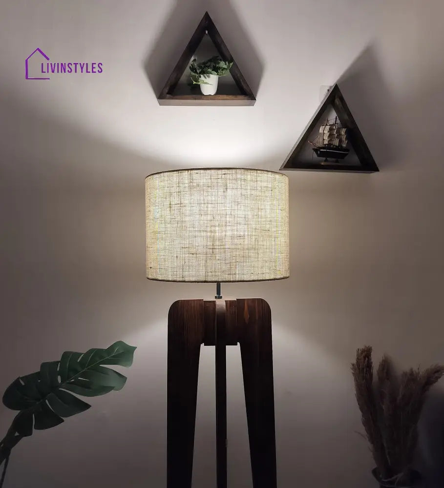 Jet Wooden Floor Lamp With Brown Base And Beige Fabric Lampshade Lamps