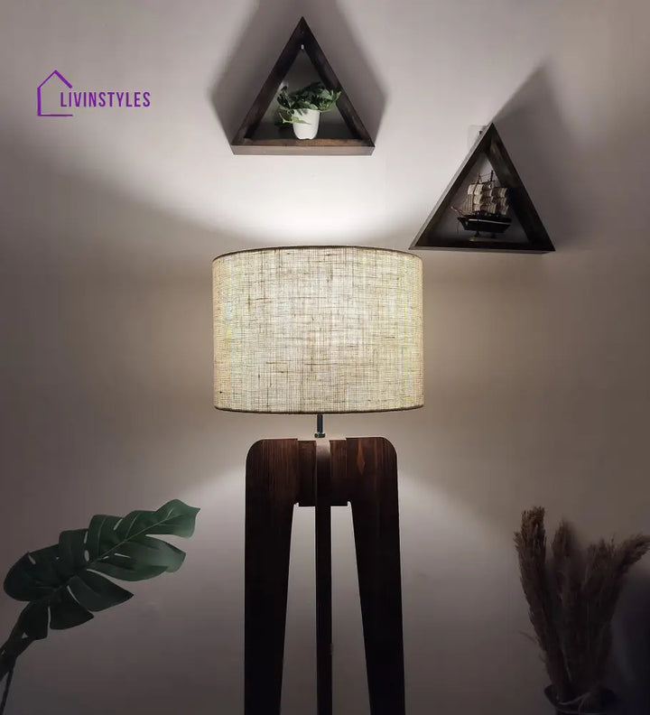 Jet Wooden Floor Lamp With Brown Base And Beige Fabric Lampshade Lamps