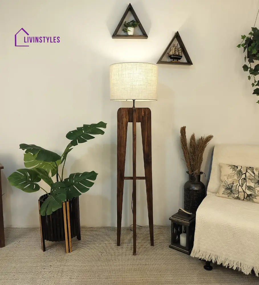 Jet Wooden Floor Lamp With Brown Base And Beige Fabric Lampshade Lamps