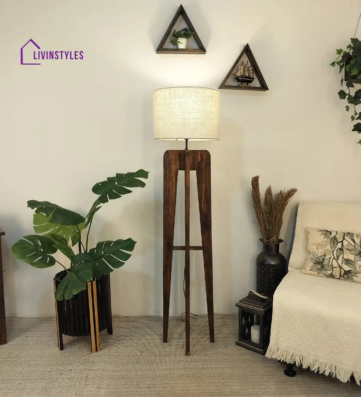 Jet Wooden Floor Lamp With Brown Base And Beige Fabric Lampshade Lamps