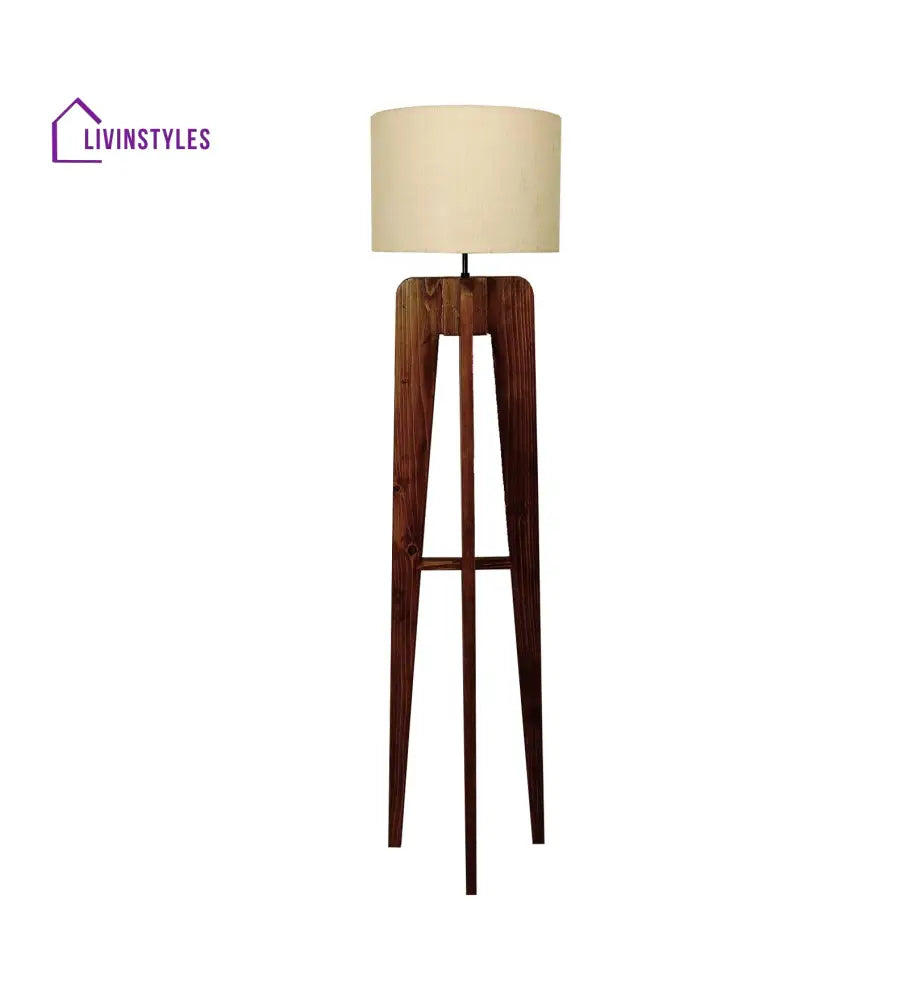 Jet Wooden Floor Lamp With Brown Base And Beige Fabric Lampshade Lamps