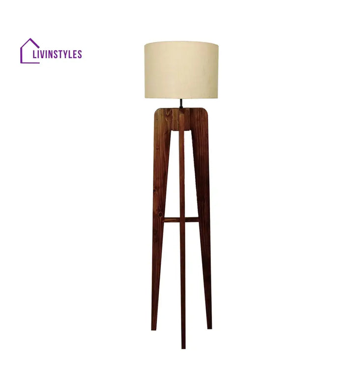 Jet Wooden Floor Lamp With Brown Base And Beige Fabric Lampshade Lamps