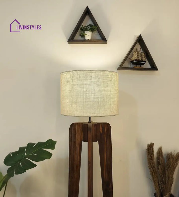 Jet Wooden Floor Lamp With Brown Base And Beige Fabric Lampshade Lamps