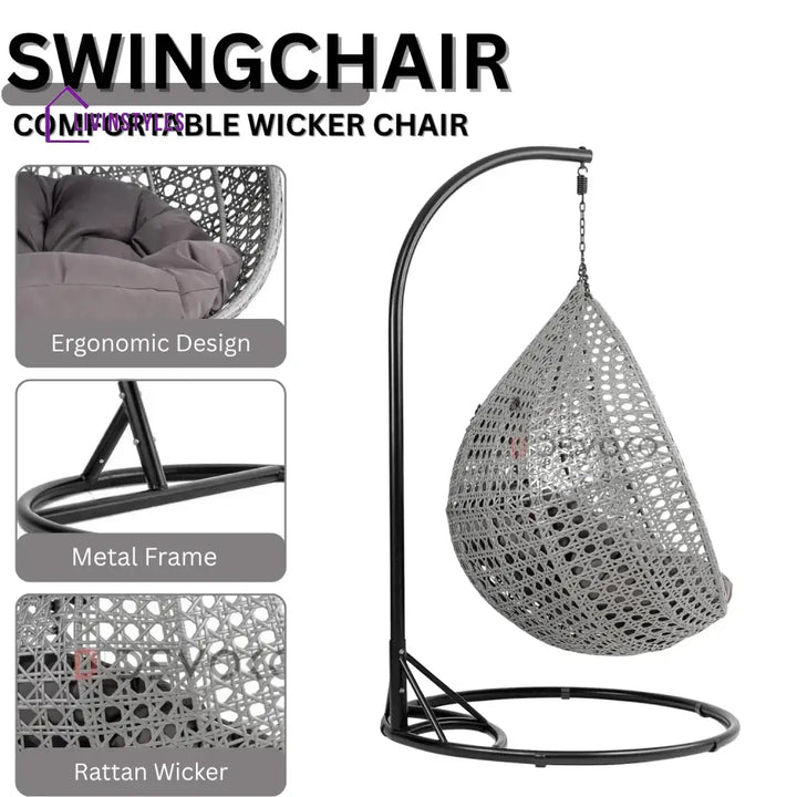 Jia Double Seater Rattan & Wicker Swing (Grey) - Swing