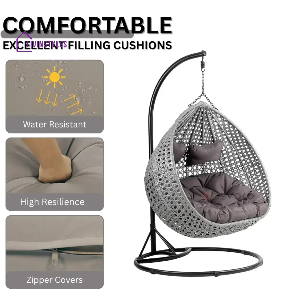 Jia Double Seater Rattan & Wicker Swing (Grey) - Swing