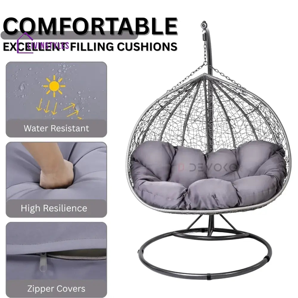 Jiao Double Seater Rattan & Wicker Swing (Grey) - Swing