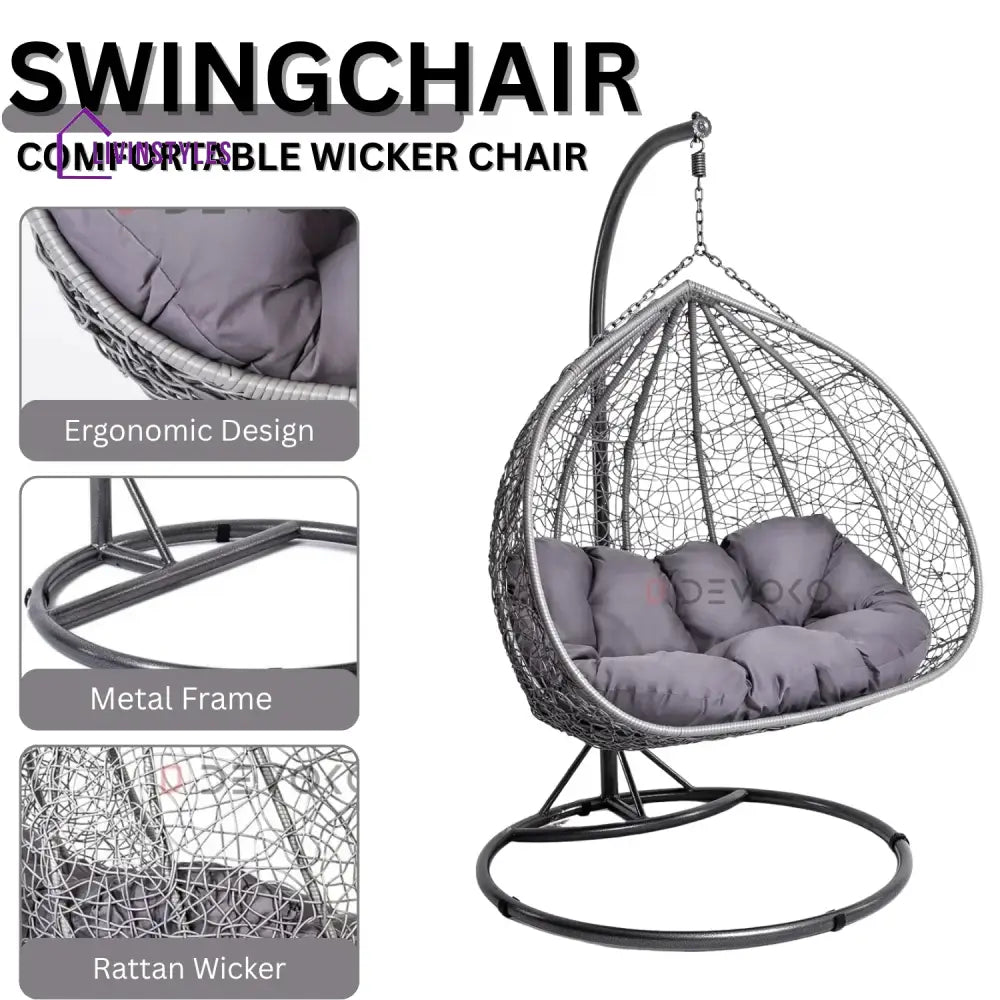 Jiao Double Seater Rattan & Wicker Swing (Grey) - Swing