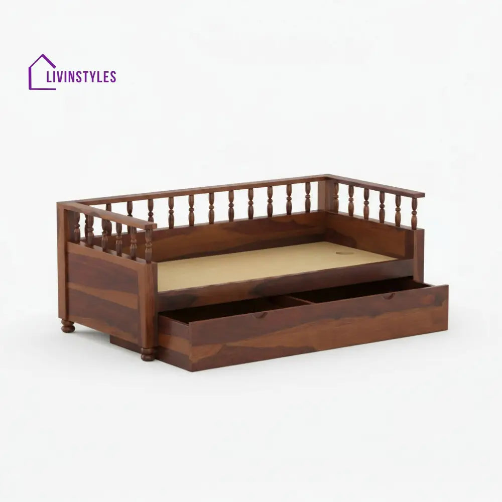 Wooden daybed with pull-out trundle on a white background, branded 'Fabwood Furniture'.