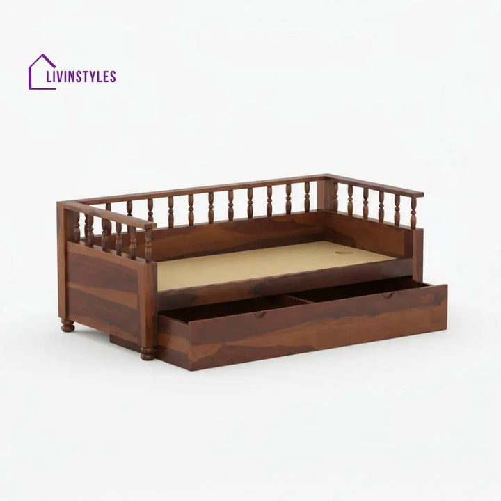 Wooden daybed with pull-out trundle on a white background, branded 'Fabwood Furniture'.