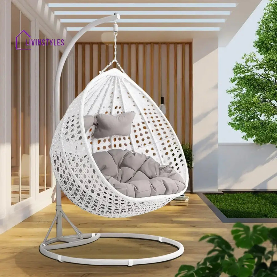 Jin Double Seater Rattan & Wicker Swing (White & Grey) - Swing