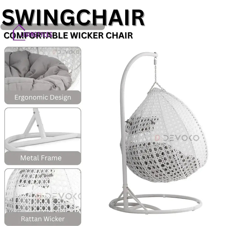 Jin Double Seater Rattan & Wicker Swing (White & Grey) - Swing