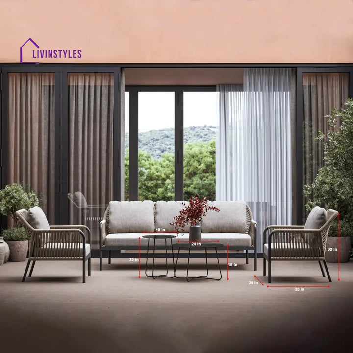 Jisax Outdoor Garden Balcony Sofa Set 3 Seater,2 Single seater and 2 Center Table Set (Tan) Braided and Rope - Sofa Sets