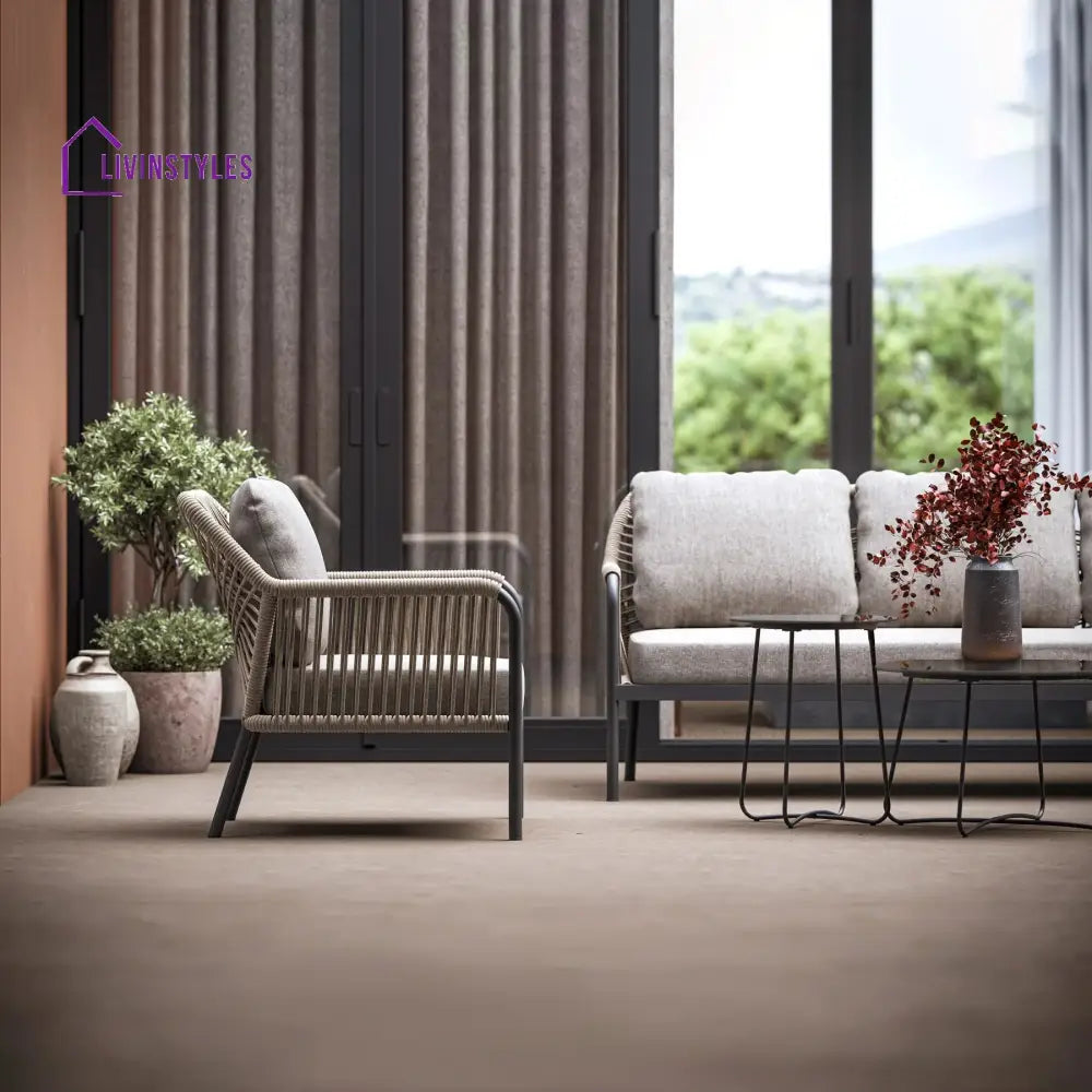 Jisax Outdoor Garden Balcony Sofa Set 3 Seater,2 Single seater and 2 Center Table Set (Tan) Braided and Rope - Sofa Sets