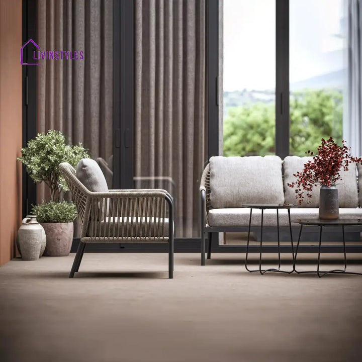 Jisax Outdoor Garden Balcony Sofa Set 3 Seater,2 Single seater and 2 Center Table Set (Tan) Braided and Rope - Sofa Sets