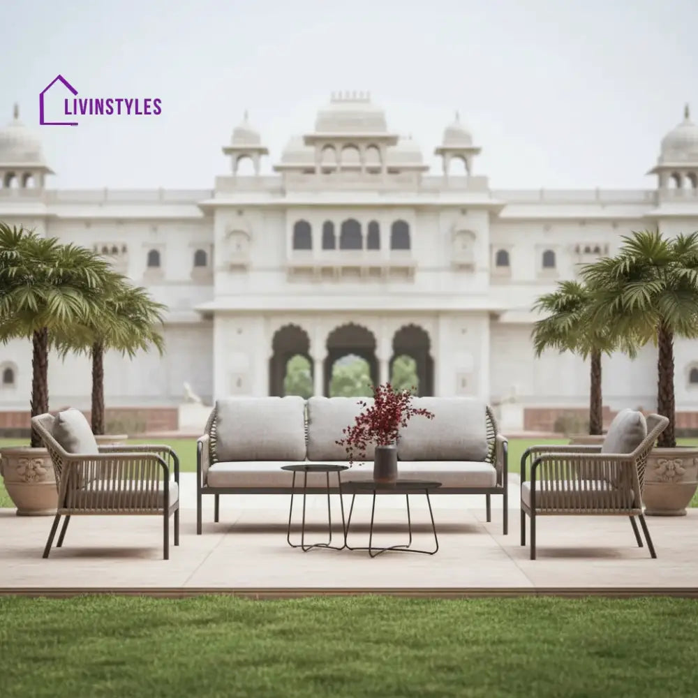 Jisax Outdoor Garden Balcony Sofa Set 3 Seater,2 Single seater and 2 Center Table Set (Tan) Braided and Rope - Sofa Sets