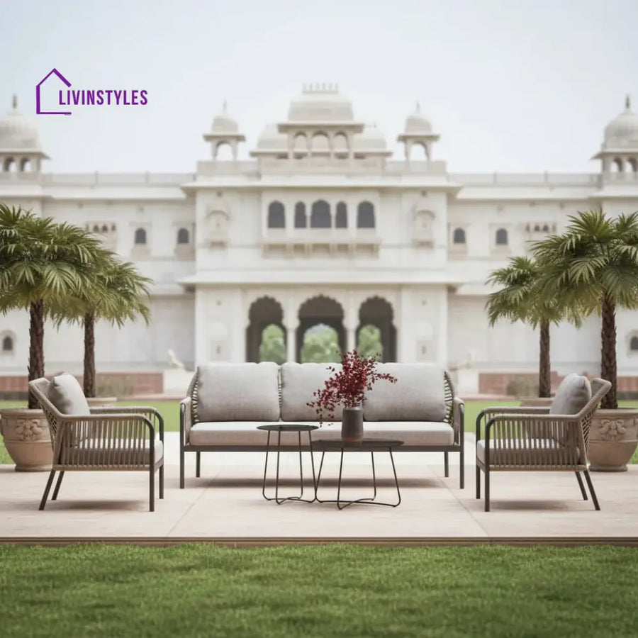 Jisax Outdoor Garden Balcony Sofa Set 3 Seater,2 Single seater and 2 Center Table Set (Tan) Braided and Rope - Sofa Sets
