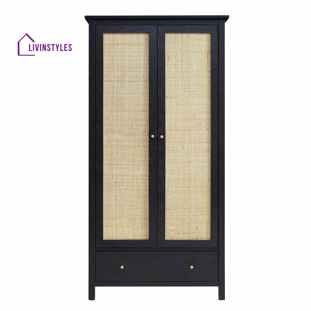 Frances Rattan Double Wardrobe with 1 Drawer Black Wardrobes