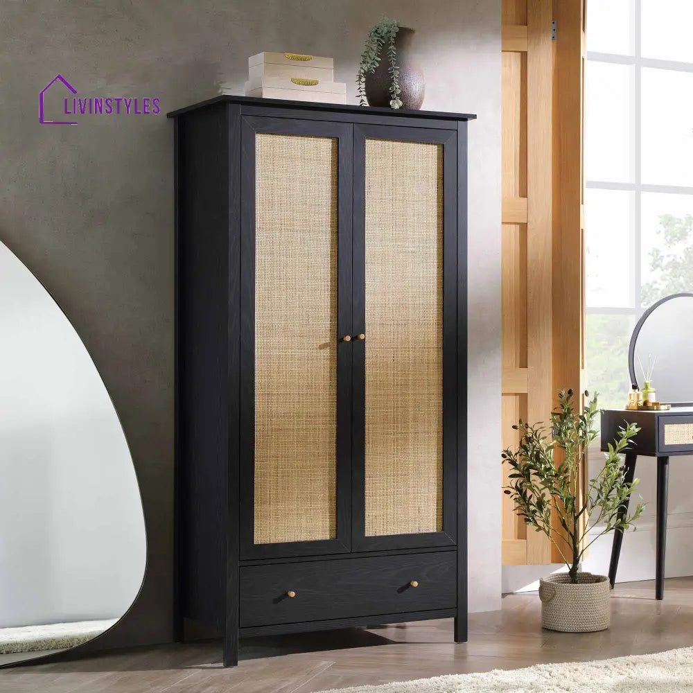 Frances Rattan Double Wardrobe with 1 Drawer Black Wardrobes