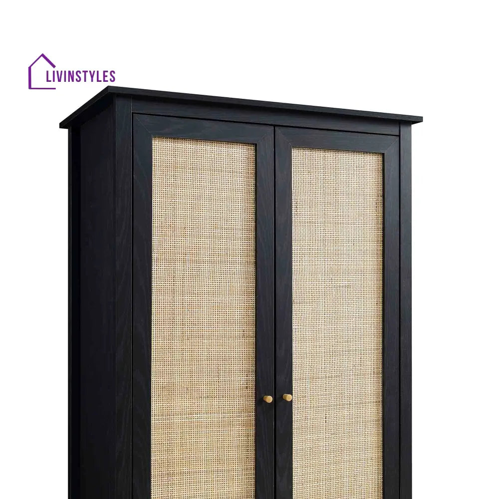 Frances Rattan Double Wardrobe with 1 Drawer Black Wardrobes