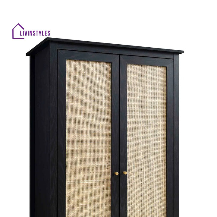 Frances Rattan Double Wardrobe with 1 Drawer Black Wardrobes