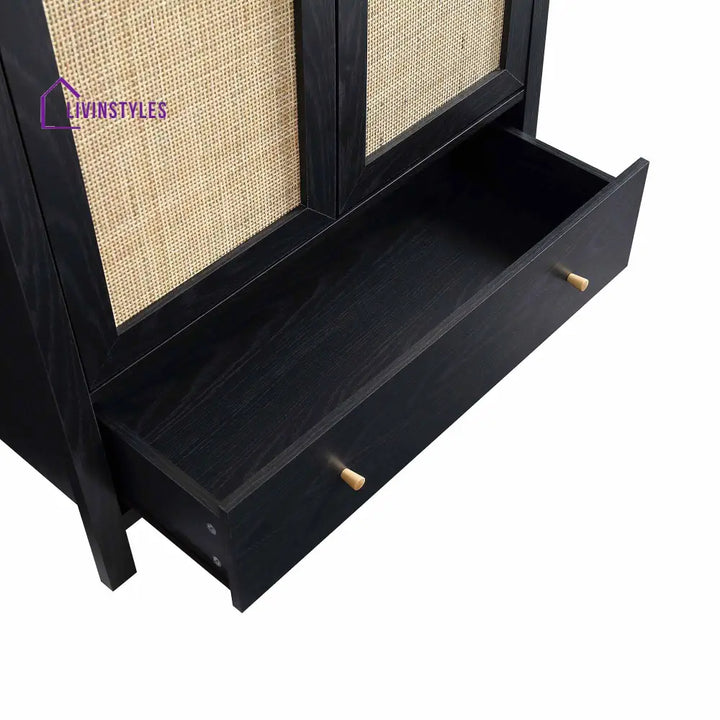 Frances Rattan Double Wardrobe with 1 Drawer Black Wardrobes