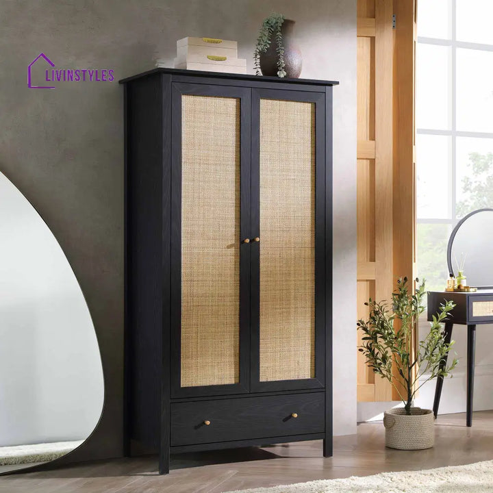 Frances Rattan Double Wardrobe with 1 Drawer Black Wardrobes