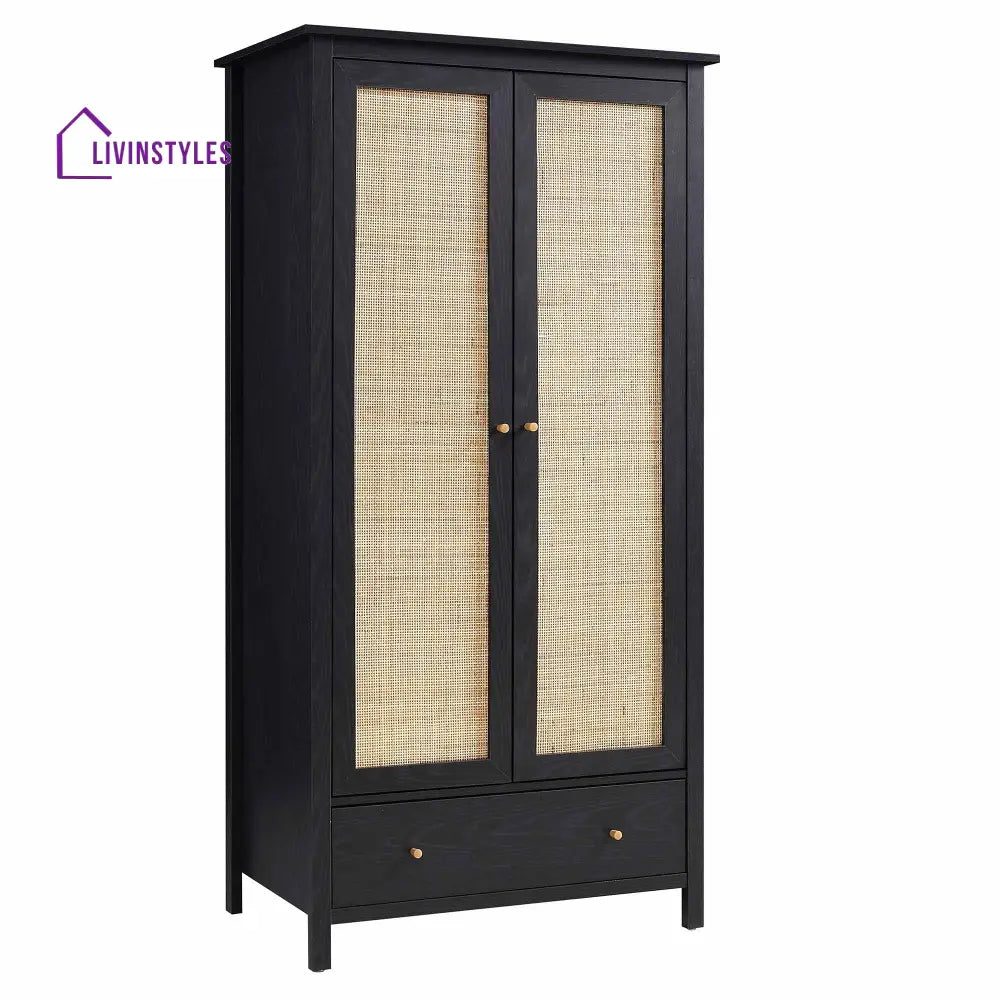 Frances Rattan Double Wardrobe with 1 Drawer Black Wardrobes
