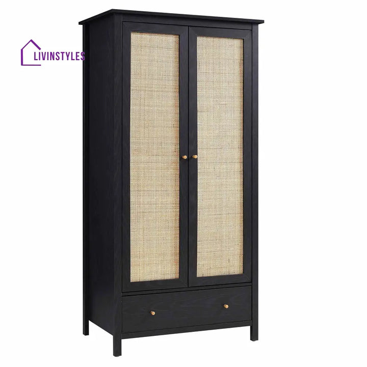Frances Rattan Double Wardrobe with 1 Drawer Black Wardrobes