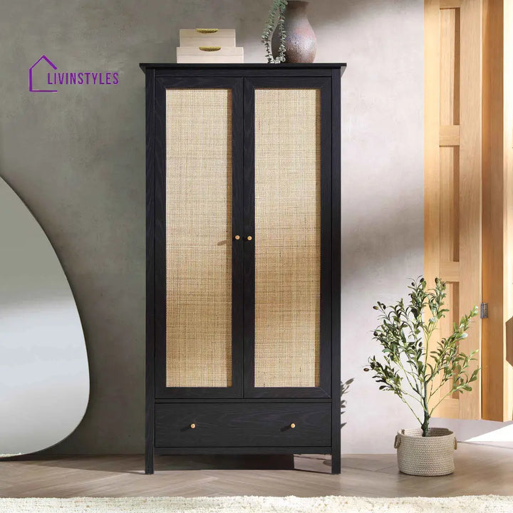 Frances Rattan Double Wardrobe with 1 Drawer Black Wardrobes