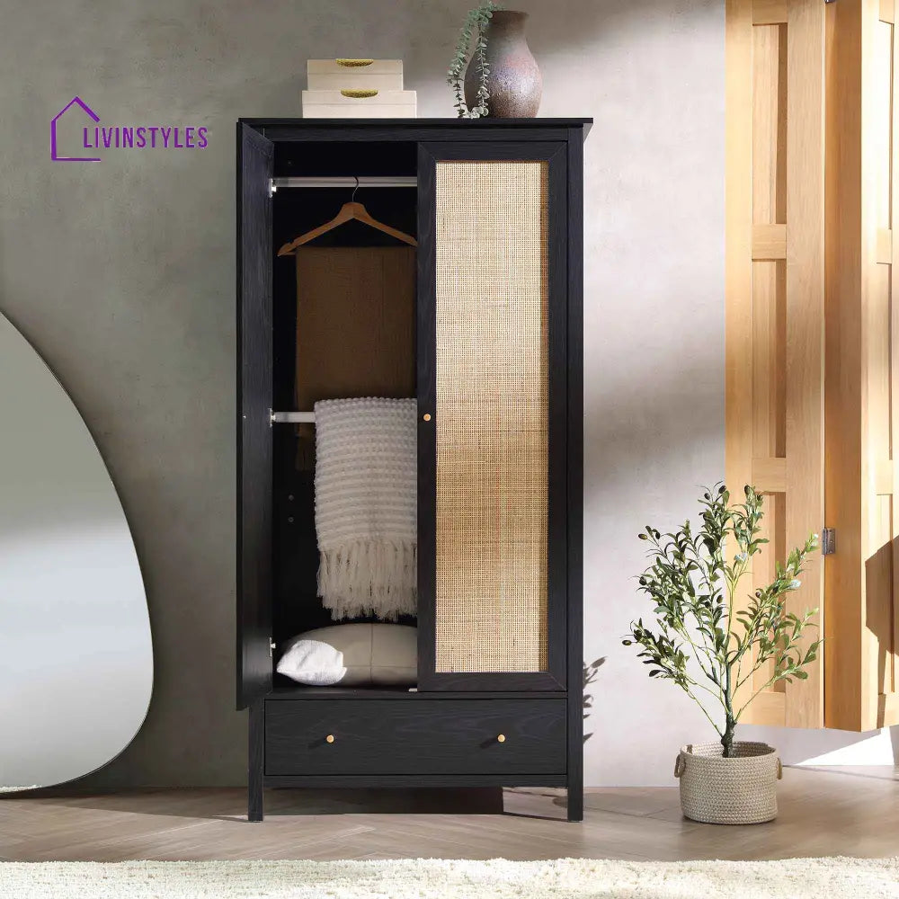 Frances Rattan Double Wardrobe with 1 Drawer Black Wardrobes