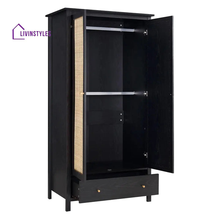 Frances Rattan Double Wardrobe with 1 Drawer Black Wardrobes