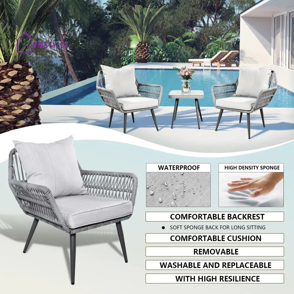 Jkenas Outdoor Patio Seating Set 2 Chairs and 1 Table Set (Grey) Braided & Rope - Coffee Table Sets