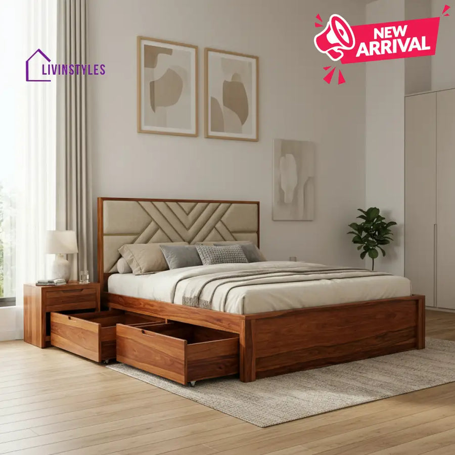 Joel Premium Sheesham Wood Bed with Fabric Headboard