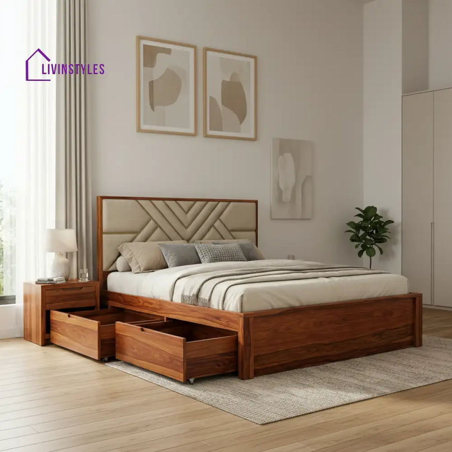 Joel Premium Sheesham Wood Bed with Fabric Headboard