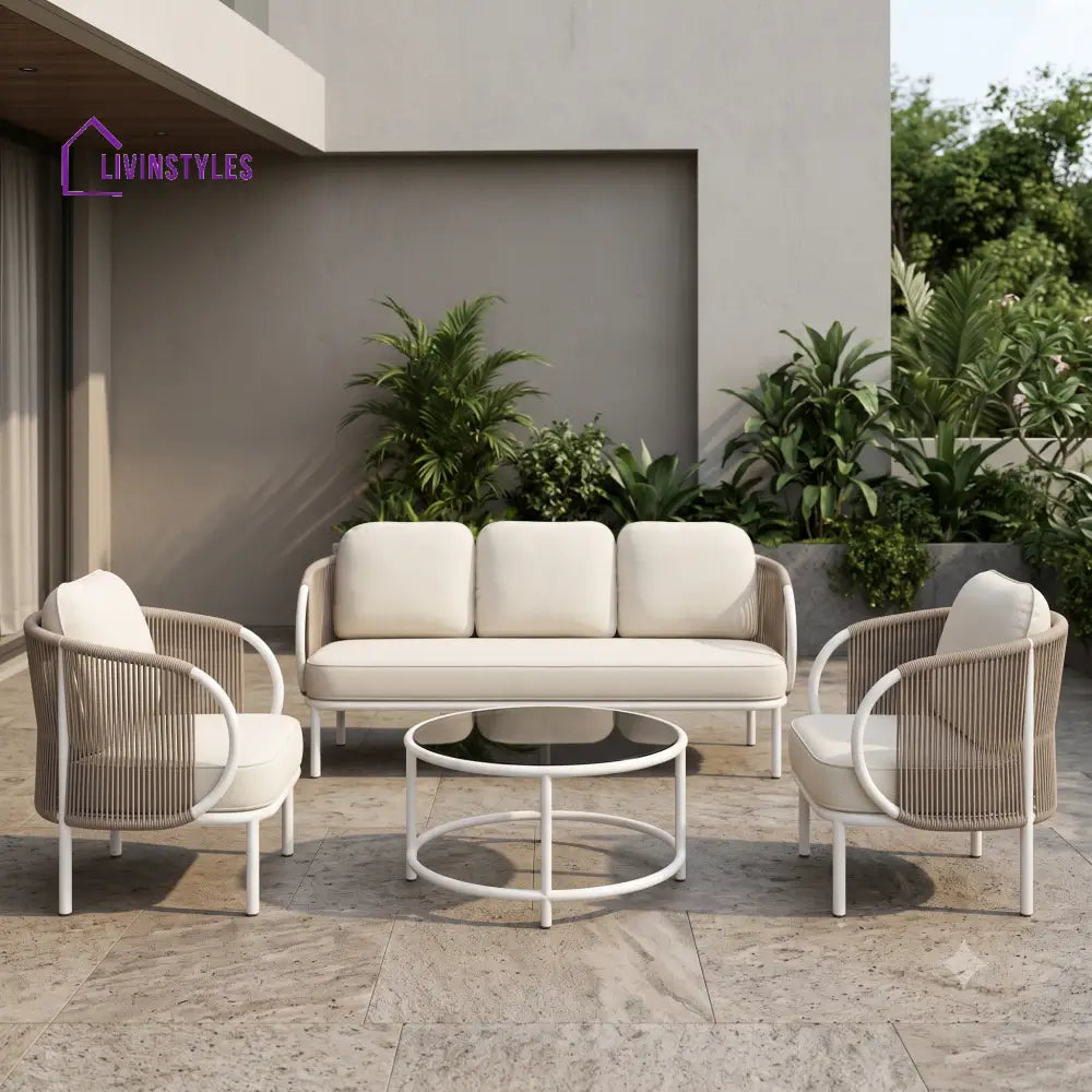 Joelle Metal Frame and Rope Weaving Outdoor Sofa Set 3 + 1 +1 and Coffee Table | Premium Uphostery
