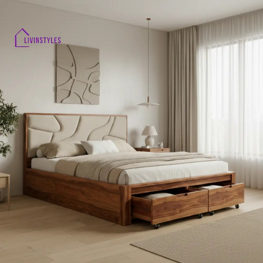 Jonah Premium Sheesham Wood Bed with Fabric Headboard