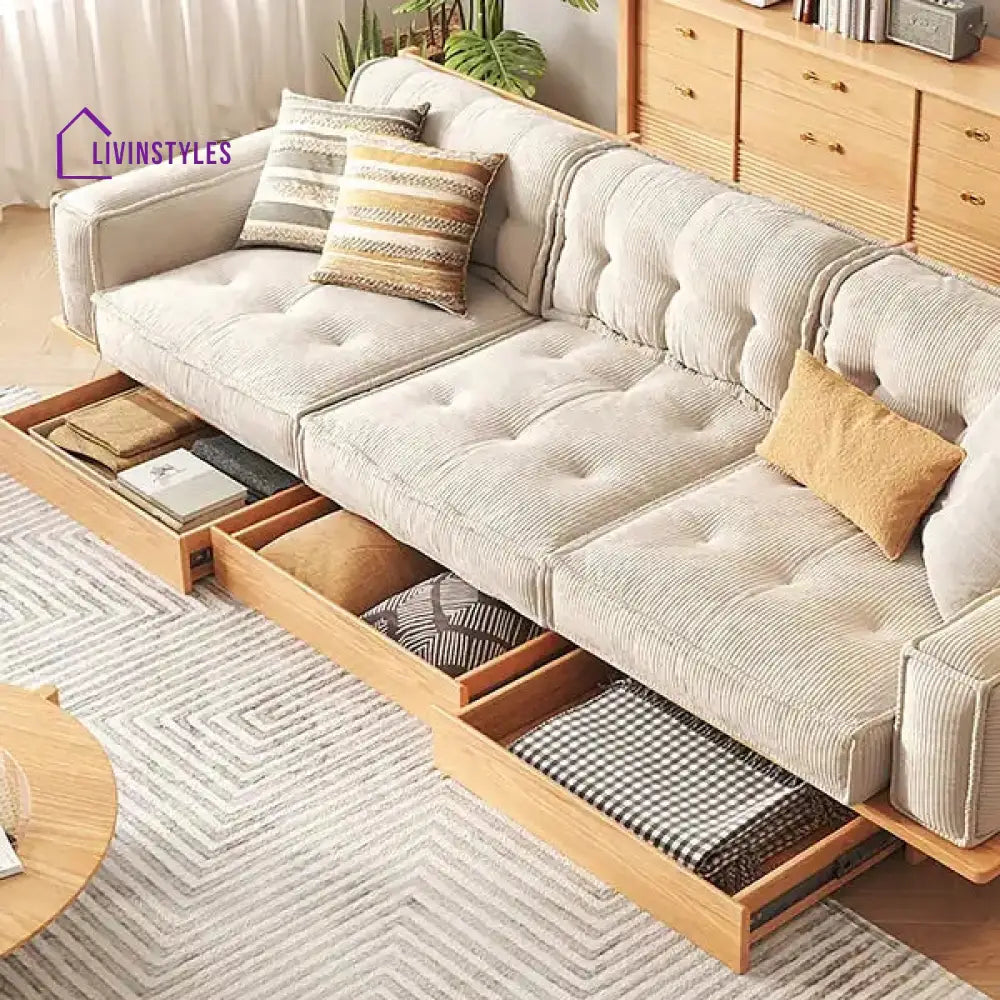Japandi Solid Wood Frame Corduroy Fabric Sofa With Underneath Storage Drawers SOFA
