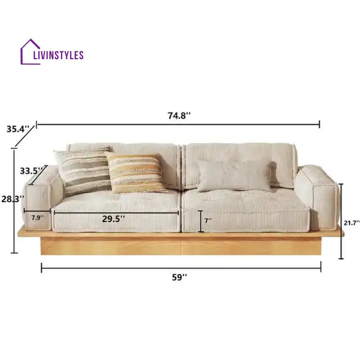 Japandi Solid Wood Frame Corduroy Fabric Sofa With Underneath Storage Drawers 2 SEATER - 74.8’’ W x 35.4’’ D x 28.3’’ H