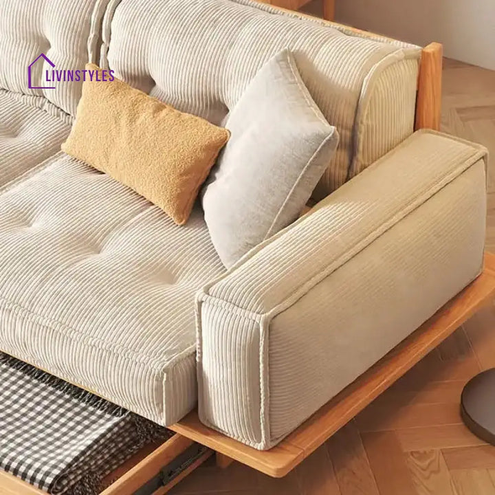 Japandi Solid Wood Frame Corduroy Fabric Sofa With Underneath Storage Drawers SOFA