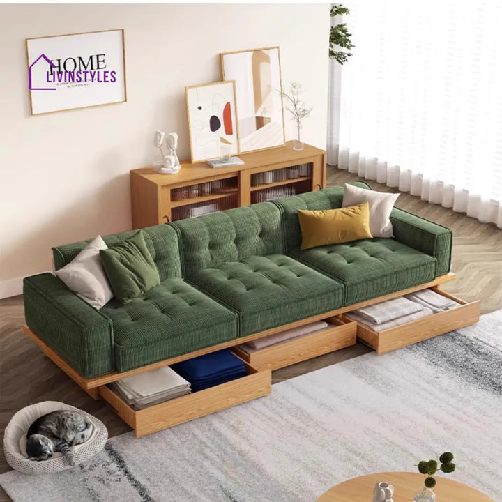 Japandi Solid Wood Frame Corduroy Fabric Sofa With Underneath Storage Drawers 1 SEATER -37.4’’ W x 35.4’’ D x 28.3’’ H