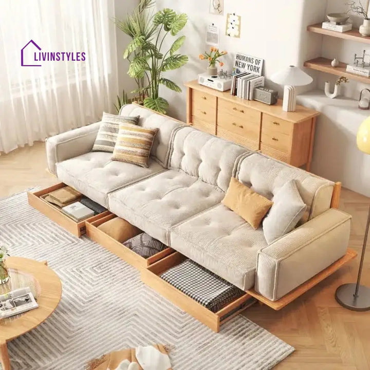 Japandi Solid Wood Frame Corduroy Fabric Sofa With Underneath Storage Drawers SOFA