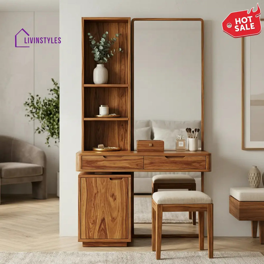 Jordan Sheesham Wood Dressing Table with Mirror and Storage (Honey Finish)