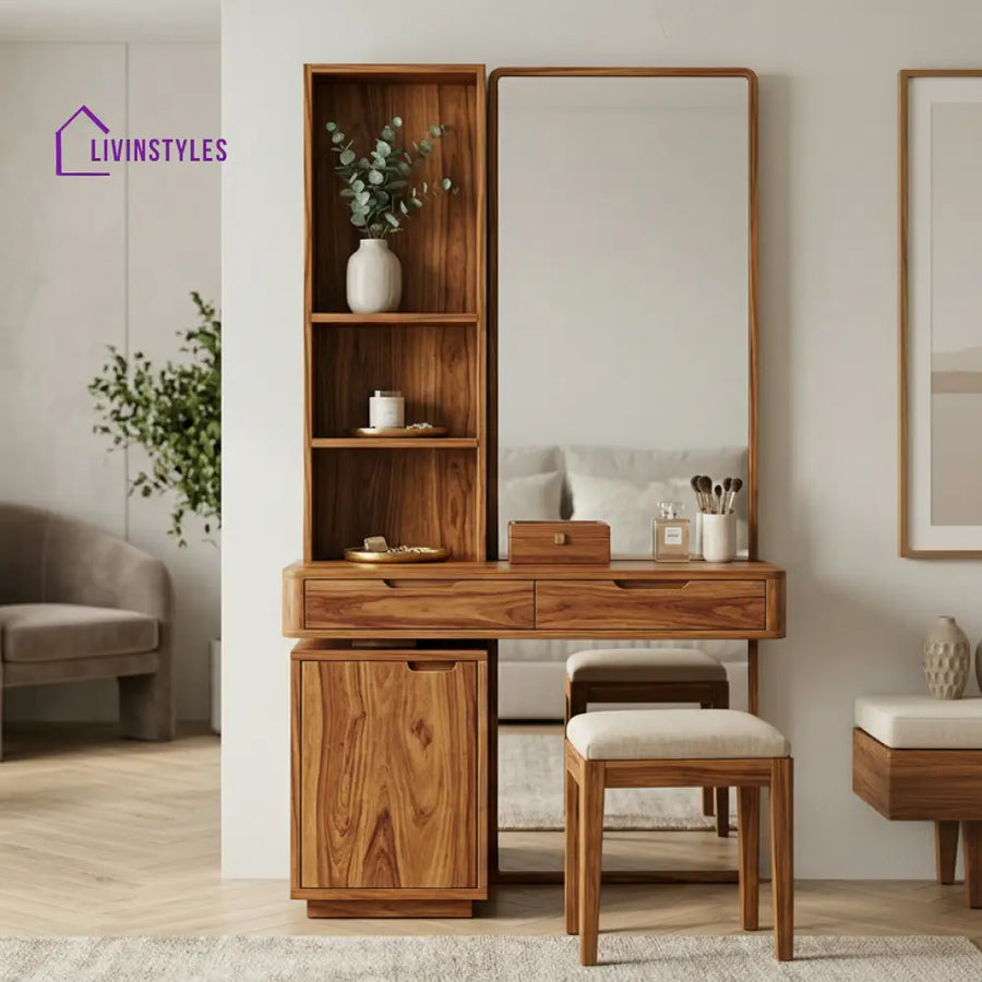 Jordan Sheesham Wood Dressing Table with Mirror and Storage (Honey Finish)